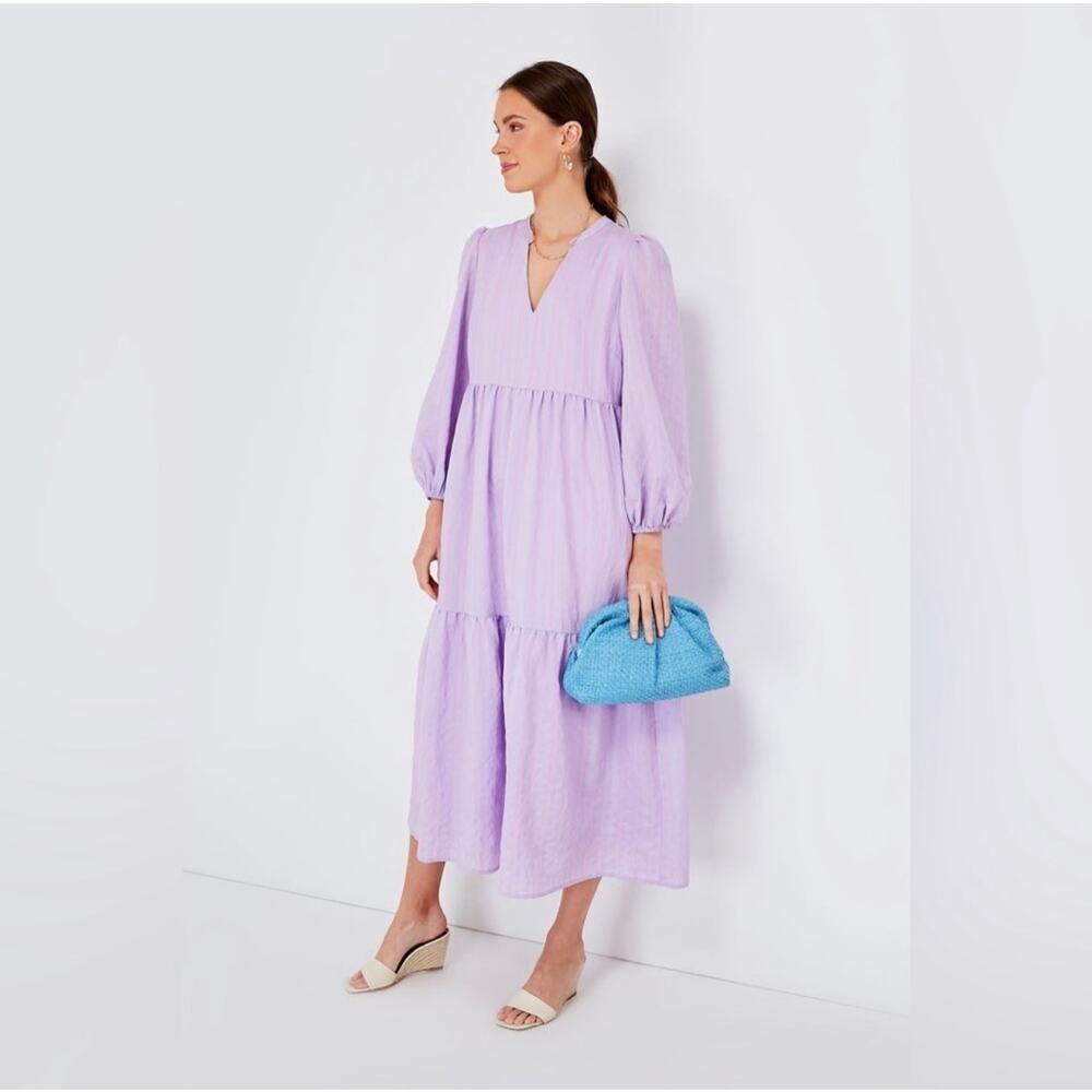 Pomander Place Alora Maxi Dress XL Lavender Blue Stripe Tiered Boho Midi
